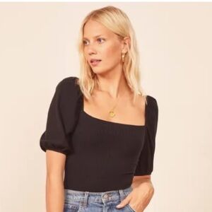 Reformation Black Square Neck Puff Sleeve Blouse